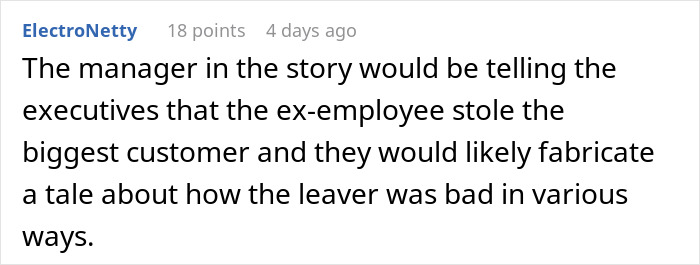 Comment discussing a manager blaming an easily replaceable employee for losing a big client after their departure. Comment discussing a manager blaming an easily replaceable employee for losing a big client after their departure.