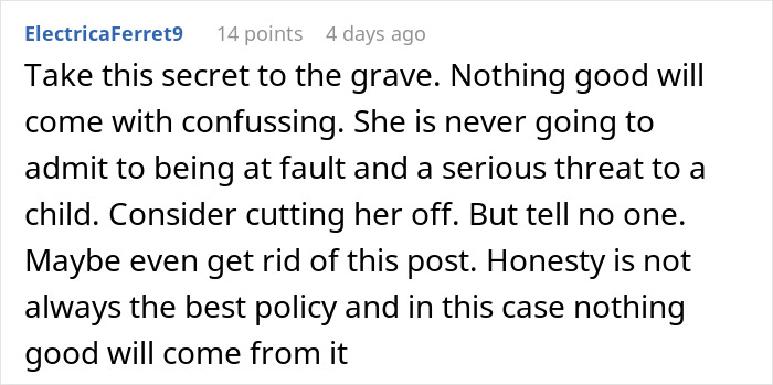 Comment warning about keeping a secret related to sister’s illegal baby adoption plan and reporting to CPS.
