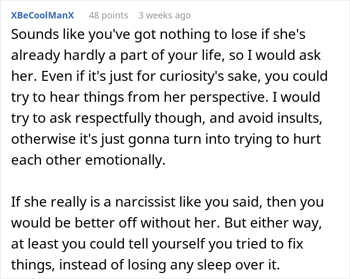 Comment discussing sibling estrangement and handling emotional conflict in family relationships after Instagram blocking.