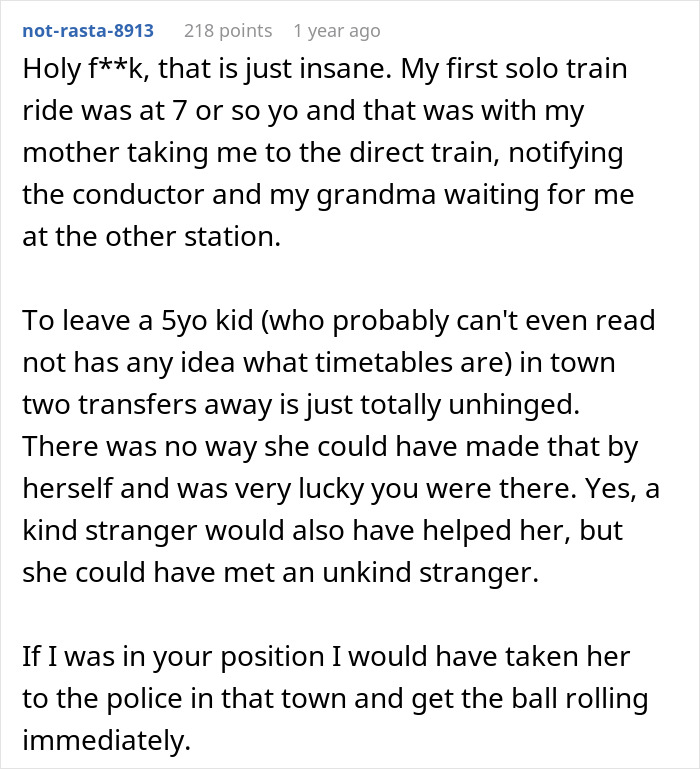 Comment discussing dangers of parents abandoning 5YO daughter in another city and neighbor's quick CPS call response. Comment discussing dangers of parents abandoning 5YO daughter in another city and neighbor's quick CPS call response.