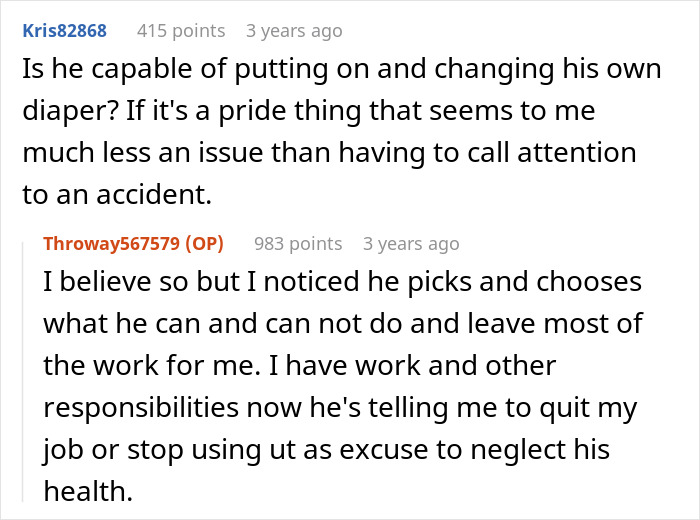 Alt text: Online conversation discussing wife cleaning bed repeatedly as husband refuses to use diapers or catheter for care management Alt text: Online conversation discussing wife cleaning bed repeatedly as husband refuses to use diapers or catheter for care management