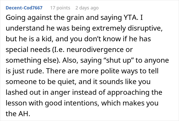 Comment discussing a man telling a disruptive kid on a plane to shut up, upsetting the mom, highlighting neurodivergence. Comment discussing a man telling a disruptive kid on a plane to shut up, upsetting the mom, highlighting neurodivergence.