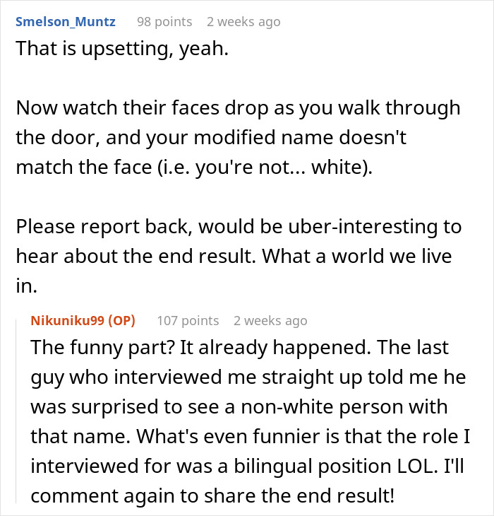 Alt text: Online comments discussing woman changing name to a more white-sounding one and receiving more job offers Alt text: Online comments discussing woman changing name to a more white-sounding one and receiving more job offers