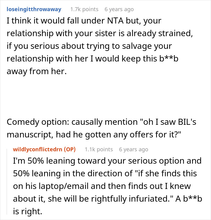 Screenshot of a Reddit conversation discussing a man writing about marrying the wrong sister and the sister-in-law&rsquo;s reaction.