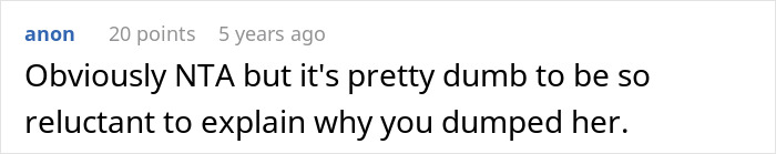 Comment on a forum post where a user explains their reluctance to explain why they dumped their ex-fiancé after their mom's attempt to reconcile them. Comment on a forum post where a user explains their reluctance to explain why they dumped their ex-fiancé after their mom's attempt to reconcile them.