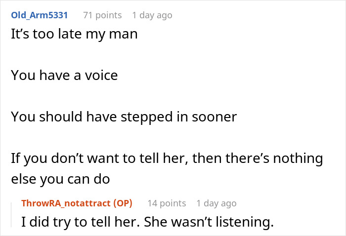 Reddit comment discussion showing a husband unattracted after his wife's plastic surgery, expressing frustration and silence. Reddit comment discussion showing a husband unattracted after his wife's plastic surgery, expressing frustration and silence.