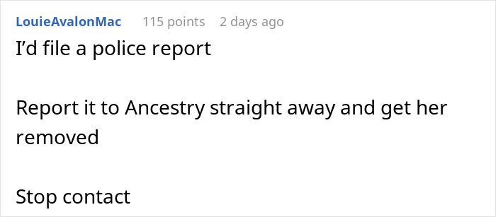 Screenshot of a user comment suggesting to file a police report and report the nosy mother to Ancestry for harassment.
