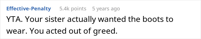Comment text on a white background saying a sister wanted to wear grandma’s leather shoes and the other acted out of greed. Comment text on a white background saying a sister wanted to wear grandma’s leather shoes and the other acted out of greed.