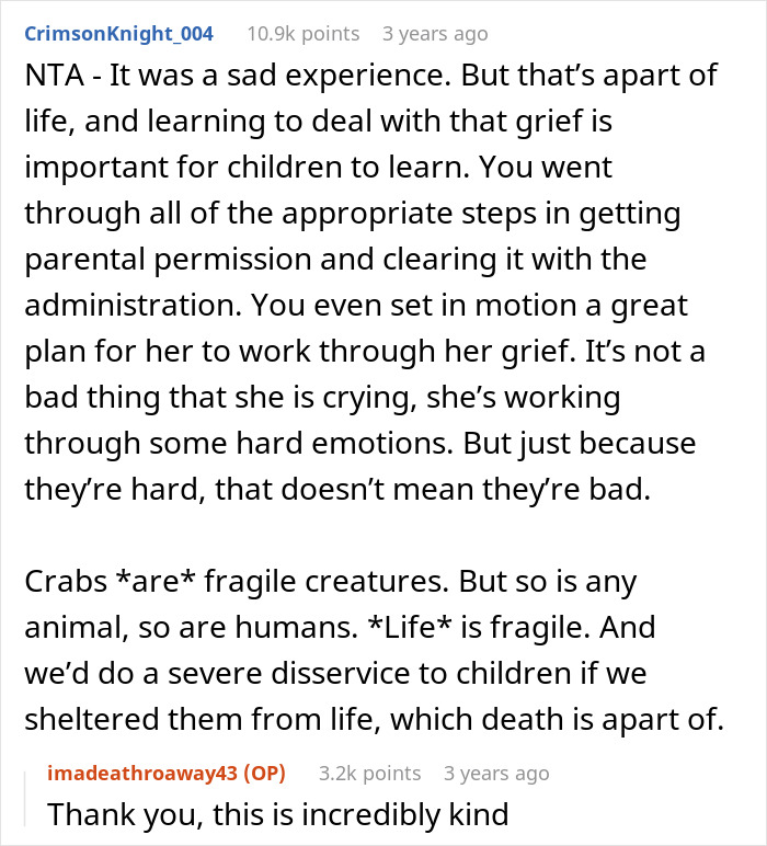 Alt text: Reddit comment discussing the teacher giving kids hermit crabs as pets and handling grief after one dies. Alt text: Reddit comment discussing the teacher giving kids hermit crabs as pets and handling grief after one dies.