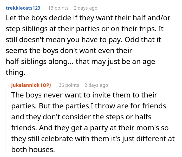 Screenshot of a Reddit conversation discussing blended family dynamics and frustrations over parenting and trip arrangements. Screenshot of a Reddit conversation discussing blended family dynamics and frustrations over parenting and trip arrangements.