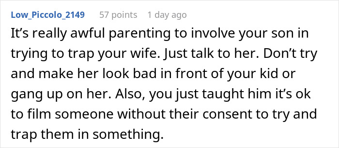 Comment on family drama where man films wife secretly to prove she eats all his fries, sparking online discussion on privacy and trust.