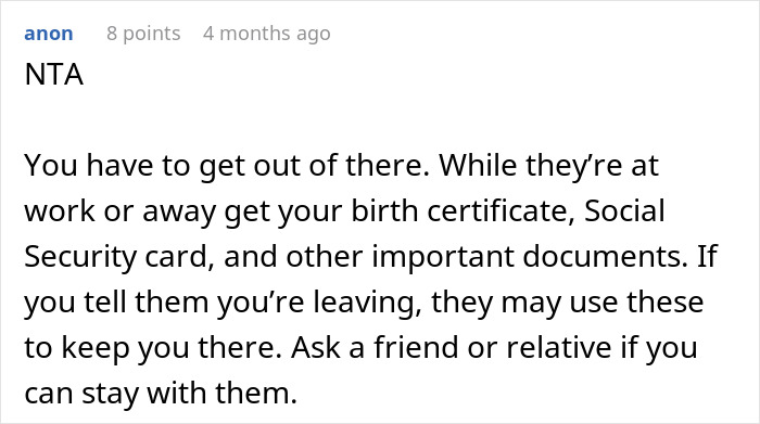 Screenshot of a forum post giving advice on leaving an unhealthy home while highlighting parents caring for their disabled son. Screenshot of a forum post giving advice on leaving an unhealthy home while highlighting parents caring for their disabled son.