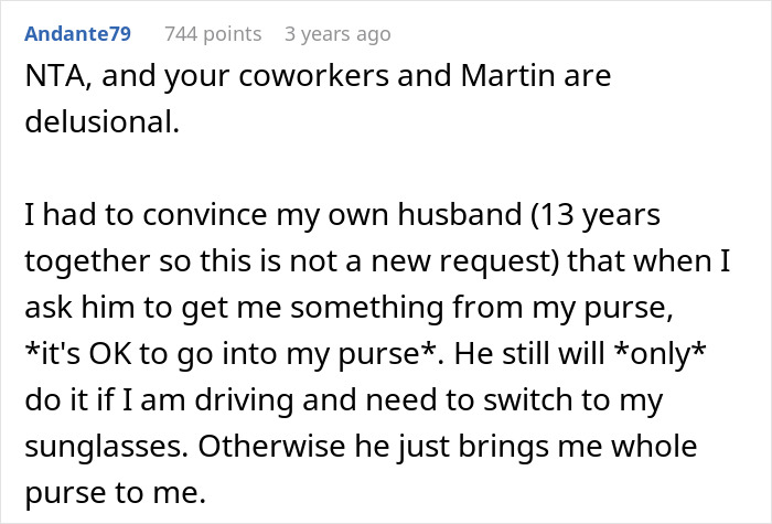 Alt text: Reddit comment discussing coworker snooping in woman's purse and the consequences when she reports him at work. Alt text: Reddit comment discussing coworker snooping in woman's purse and the consequences when she reports him at work.