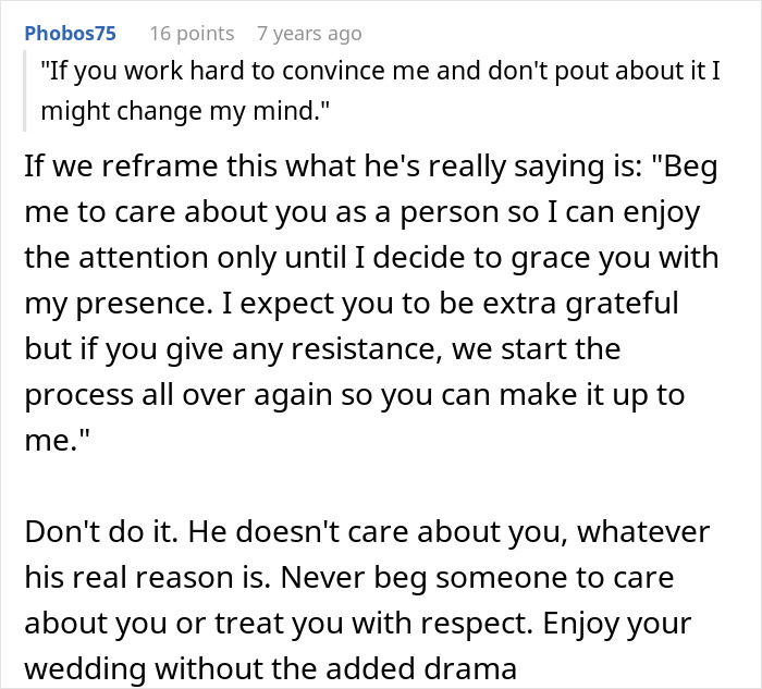 Comment explaining a father's refusal to attend wedding because it is not held on American soil, addressing wedding drama and respect.
