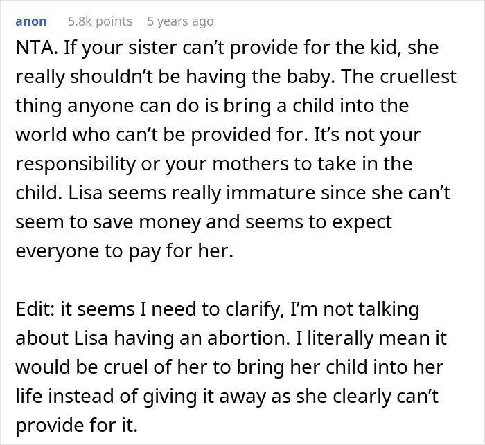 Alt text: Online comment discussing a woman facing challenges affording her baby and asking half-brother to adopt, who refuses.