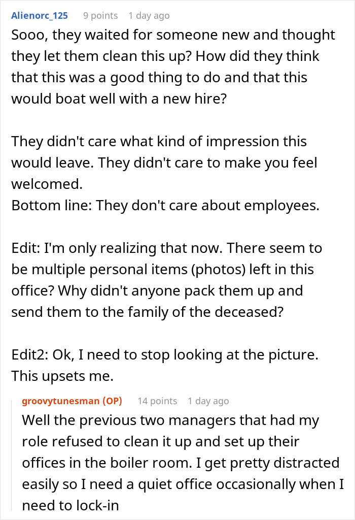 Reddit comments discussing a new hire tasked with cleaning a deceased coworker’s office frozen in grime after getting a job. Reddit comments discussing a new hire tasked with cleaning a deceased coworker’s office frozen in grime after getting a job.