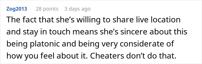 Screenshot of an online comment discussing a woman going to a gala with a client as her date, causing her husband to question everything. Screenshot of an online comment discussing a woman going to a gala with a client as her date, causing her husband to question everything.