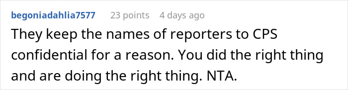 Screenshot of a Reddit comment supporting a guy who reports his sister to CPS over an illegal baby adoption plan.