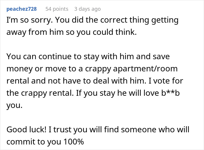 Commenter offering advice on a breakup after a guy proposes with a ring then mentions open marriage. Commenter offering advice on a breakup after a guy proposes with a ring then mentions open marriage.