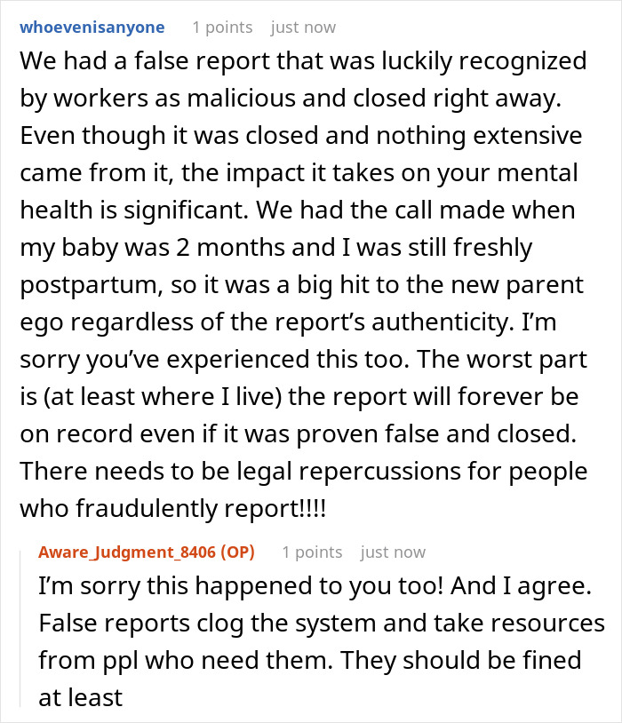 Screenshot of a social media conversation about false CPS reports affecting new parents’ mental health postpartum. Screenshot of a social media conversation about false CPS reports affecting new parents’ mental health postpartum.
