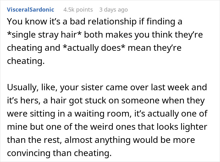 Text post discussing discovering a stranger’s hair and confirming cheating in a bad relationship. Text post discussing discovering a stranger’s hair and confirming cheating in a bad relationship.