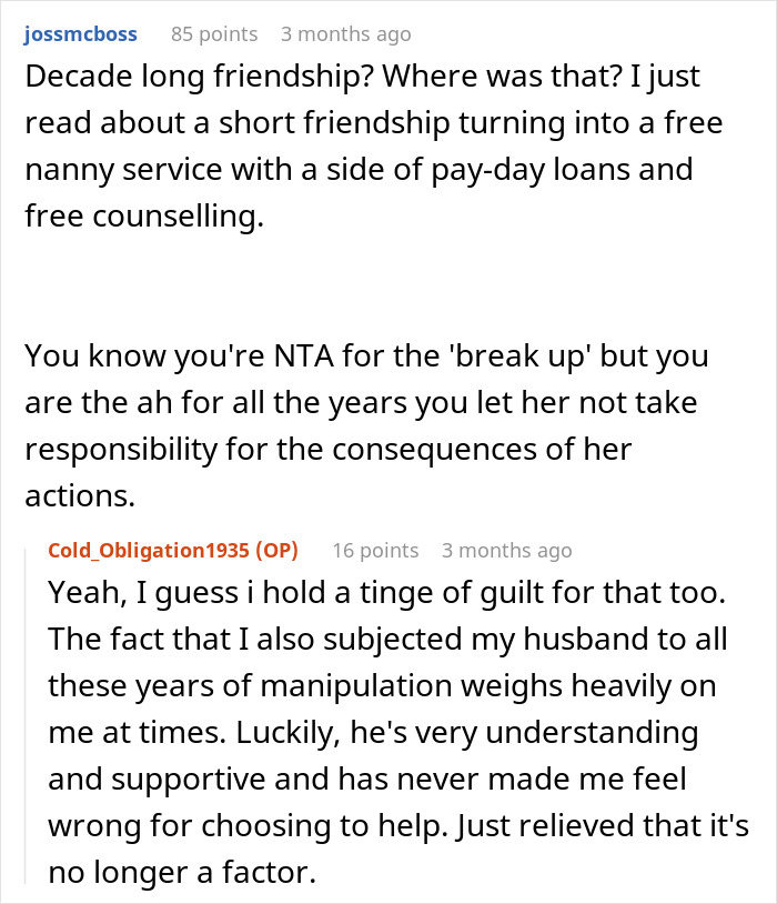 Screenshot of a Reddit comment discussing ending a decade-long friendship over being the bestie bank for a friend with many kids and dads. Screenshot of a Reddit comment discussing ending a decade-long friendship over being the bestie bank for a friend with many kids and dads.