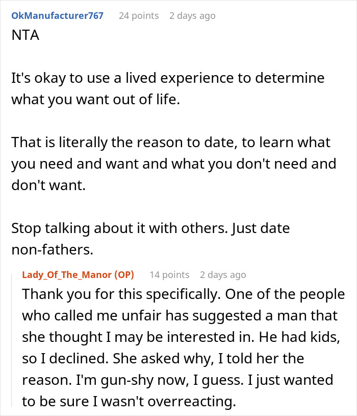 Screenshot of a Reddit discussion where a woman explains her decision to avoid dating men with kids. Screenshot of a Reddit discussion where a woman explains her decision to avoid dating men with kids.