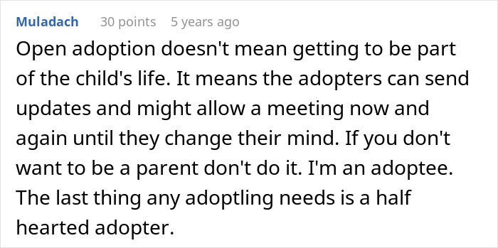 Text comment about open adoption from an adoptee explaining the challenges of half-hearted adopters.