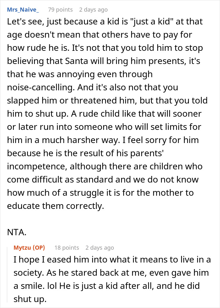Online discussion about man telling disruptive kid on plane to shut up, upsetting the mom, with varied opinions on trauma and behavior. Online discussion about man telling disruptive kid on plane to shut up, upsetting the mom, with varied opinions on trauma and behavior.