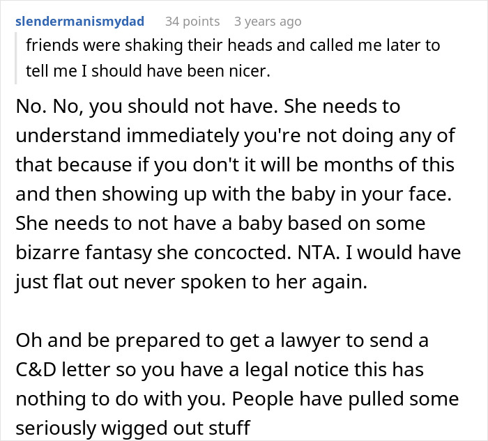Comment discussing woman keeping ex’s baby, assuming male best friend will take on father role, with legal advice mentioned. Comment discussing woman keeping ex’s baby, assuming male best friend will take on father role, with legal advice mentioned.