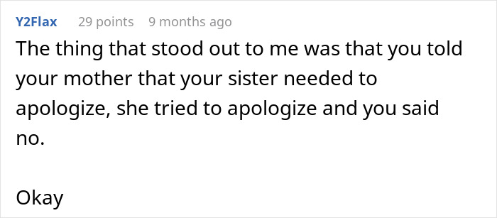 Comment discussing a pregnant woman’s decision to go no-contact with her sister after a Thanksgiving family conflict. Comment discussing a pregnant woman’s decision to go no-contact with her sister after a Thanksgiving family conflict.