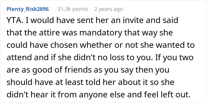 Reddit comment addressing friendship and attire choice in an extravagant ball dispute over exclusion.