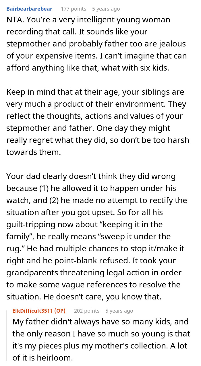 Screenshot of a detailed Reddit discussion about stepmom letting kids destroy stepdaughter’s $100k heirloom jewelry. Screenshot of a detailed Reddit discussion about stepmom letting kids destroy stepdaughter’s $100k heirloom jewelry.