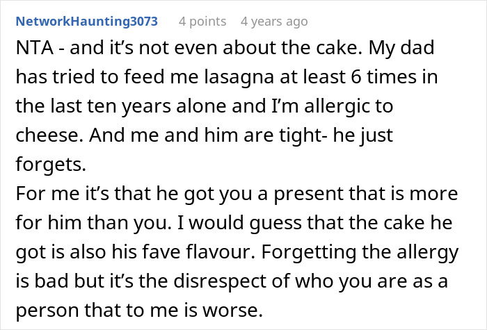 Comment discussing teen telling dad would’ve remembered if cared after cake fail and the significance of forgetting allergies. Comment discussing teen telling dad would’ve remembered if cared after cake fail and the significance of forgetting allergies.