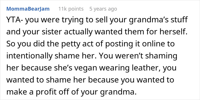 Comment discussing woman planning to sell grandma’s leather shoes and vegan sister wearing them. Comment discussing woman planning to sell grandma’s leather shoes and vegan sister wearing them.