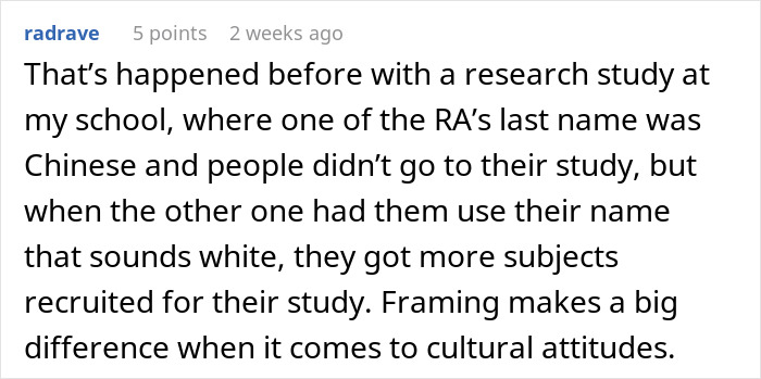Comment about a study showing people with white-sounding names receive more job offers and subjects recruited more easily. Comment about a study showing people with white-sounding names receive more job offers and subjects recruited more easily.