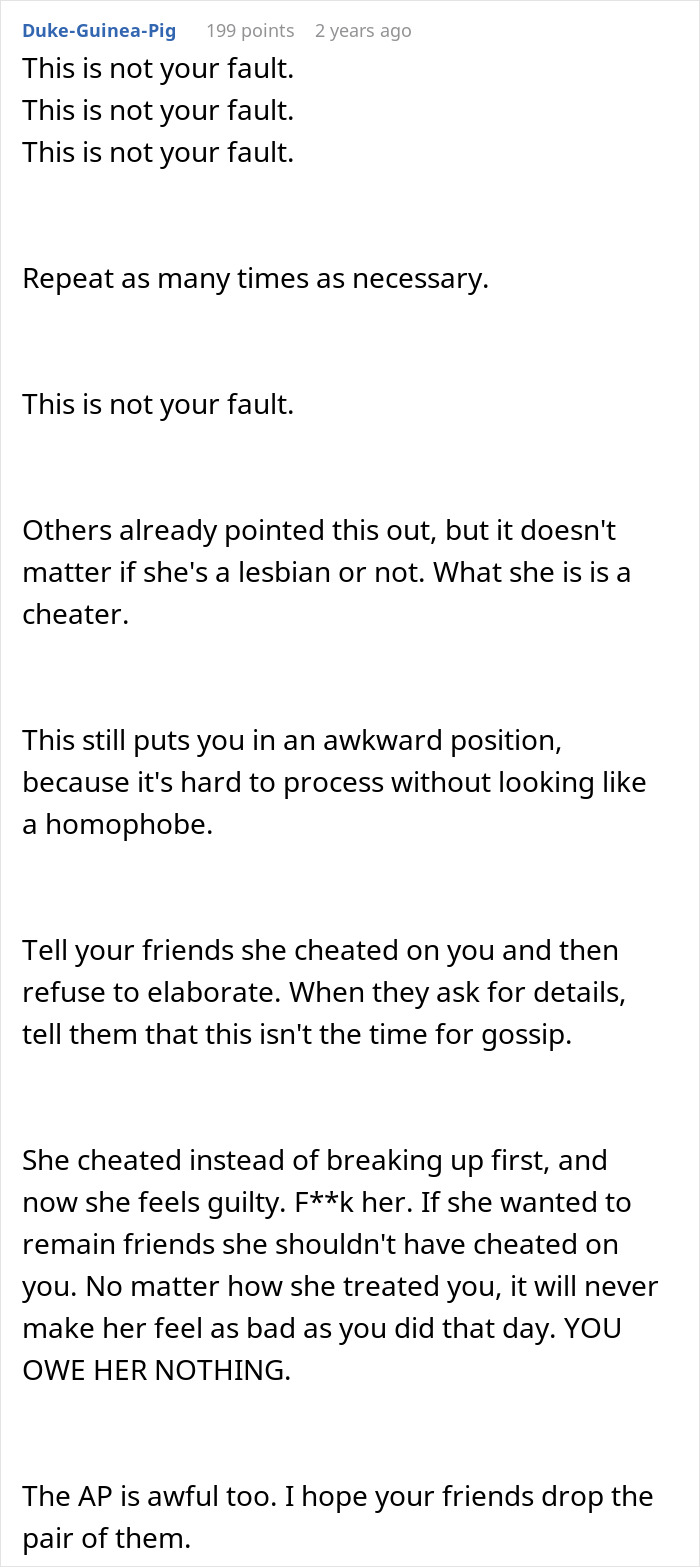 Text advice on coping after man learns fiancée is in love with her friend, addressing feelings of betrayal and cheating. Text advice on coping after man learns fiancée is in love with her friend, addressing feelings of betrayal and cheating.