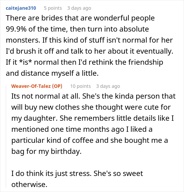 Reddit comments discussing a bridesmaid doing her nails before a wedding and the bride flipping out over it. Reddit comments discussing a bridesmaid doing her nails before a wedding and the bride flipping out over it.