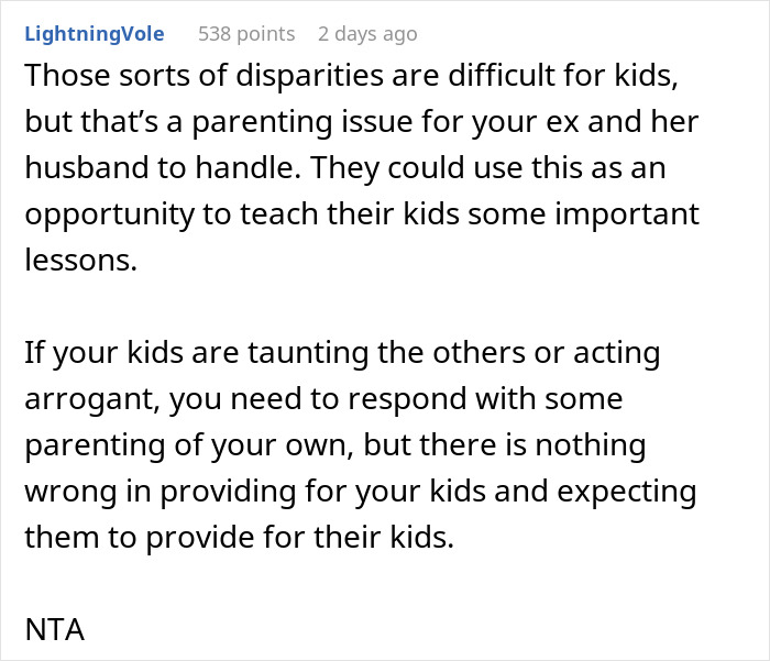Reddit comment discussing parenting challenges and expectations about providing for kids amid family disputes and disparities. Reddit comment discussing parenting challenges and expectations about providing for kids amid family disputes and disparities.
