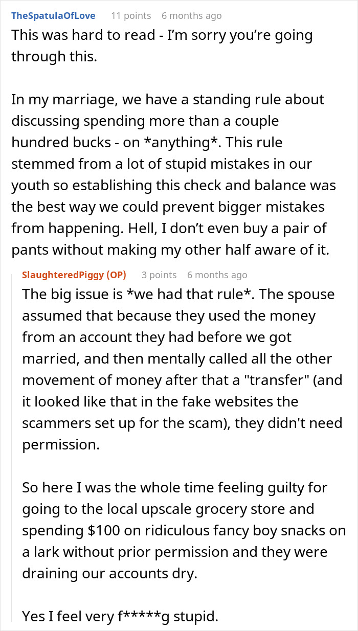 Reddit discussion about an educated person falling for a scam investment, causing zero savings and immense debt issues.