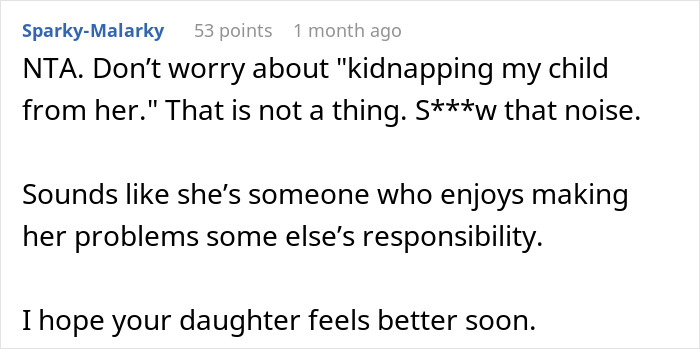 Comment discussing mother accusing daughter of kidnapping after no updates during child’s medical procedure. Comment discussing mother accusing daughter of kidnapping after no updates during child’s medical procedure.