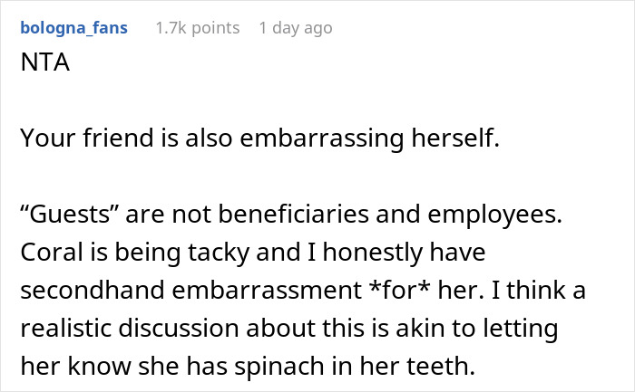Text from a social media comment discussing a bride who thinks she can throw an elaborate wedding without spending money. Text from a social media comment discussing a bride who thinks she can throw an elaborate wedding without spending money.