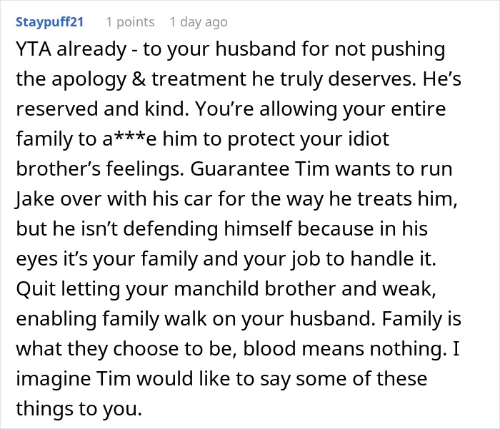 Screenshot of a Reddit comment discussing a man mocking brother-in-law and wedding uninvitation conflict. Screenshot of a Reddit comment discussing a man mocking brother-in-law and wedding uninvitation conflict.