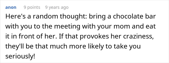 Screenshot of an online comment suggesting to bring a chocolate bar to confront parents who lied about food allergies.