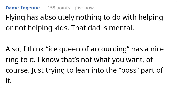 Commenter discusses rude family trying to bully lady out of plane seat and coworkers calling her a villain for refusing swap. Commenter discusses rude family trying to bully lady out of plane seat and coworkers calling her a villain for refusing swap.