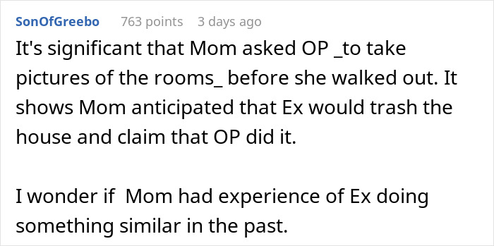 Comment discussing how Mom asked OP to photograph rooms to prevent false claims from Ex, related to boyfriend's lies and extortion.
