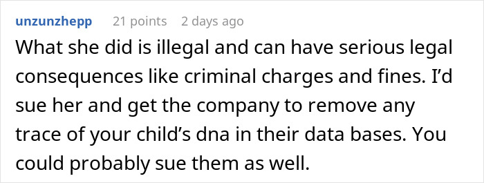 Comment discussing legal risks and consequences of unauthorized use of ancestry tests and DNA data involving family privacy issues. Comment discussing legal risks and consequences of unauthorized use of ancestry tests and DNA data involving family privacy issues.