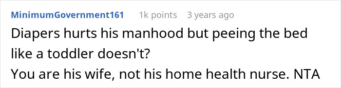 Comment text on a white background discussing a wife cleaning bed multiple times as husband refuses diapers or catheter. Comment text on a white background discussing a wife cleaning bed multiple times as husband refuses diapers or catheter.
