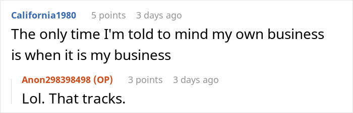 Screenshot of an online discussion where a user comments on minding their own business in a neighborhood dispute about pet rules. Screenshot of an online discussion where a user comments on minding their own business in a neighborhood dispute about pet rules.
