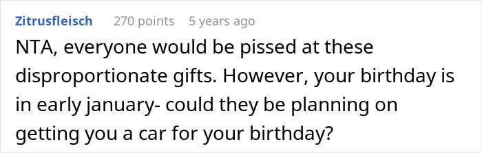 Text comment on a forum discussing parents gifting a 25K car to a golden child while the older sibling receives only a phone case.